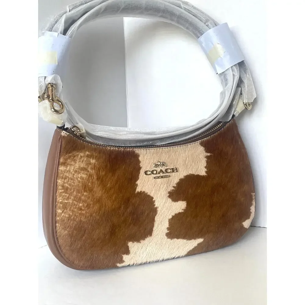 Coach Teri Shoulder Bag Haircalf Cow Print Brown Leather CDW45